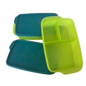 TUPPERWARE Rectangle Large LUNCH-IT Divided Container Green/Blue Colorful